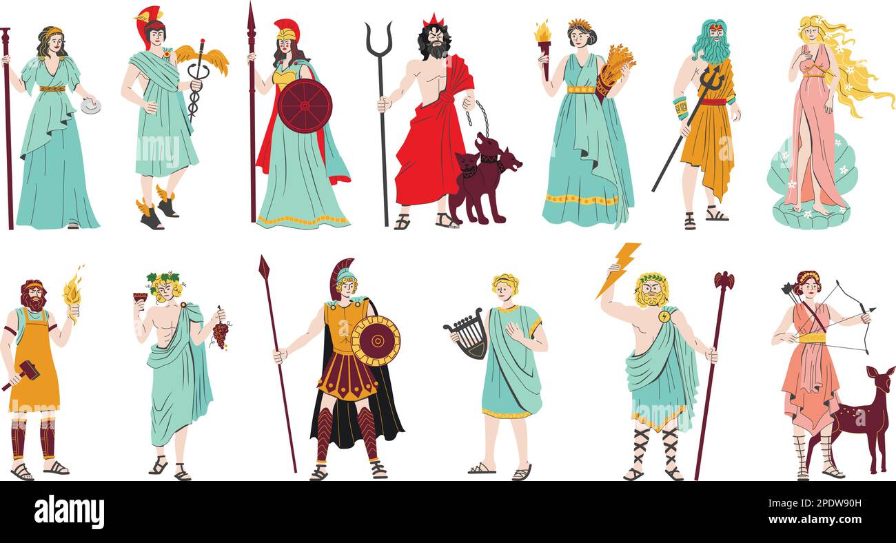 Olympus dèi colore piatto set di hermes athena demeter dionysius artemis poseidone ares persone isolato vettore illustrazione Illustrazione Vettoriale