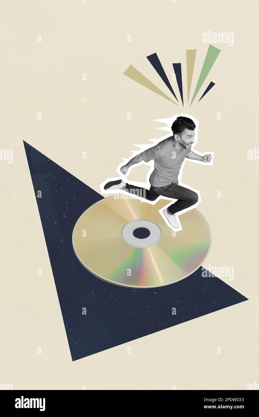 Verticale vintage collage immagine schizzo di allegro felice uomo girare cd disco riprodurre musica isolata su sfondo disegno Foto Stock