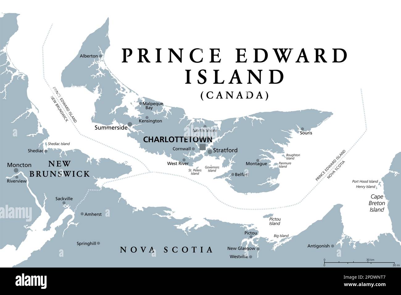 Isola del Principe Edoardo, provincia marittima e atlantica del Canada, mappa politica grigia. Conosciuta come l'isola, nel Golfo di San Lorenzo. Foto Stock