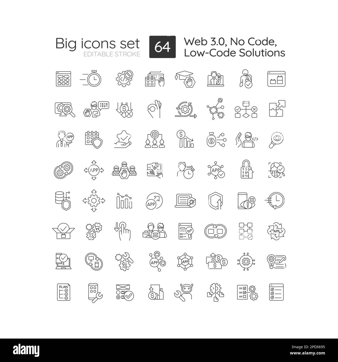 Set di icone lineari per soluzioni a basso codice Illustrazione Vettoriale