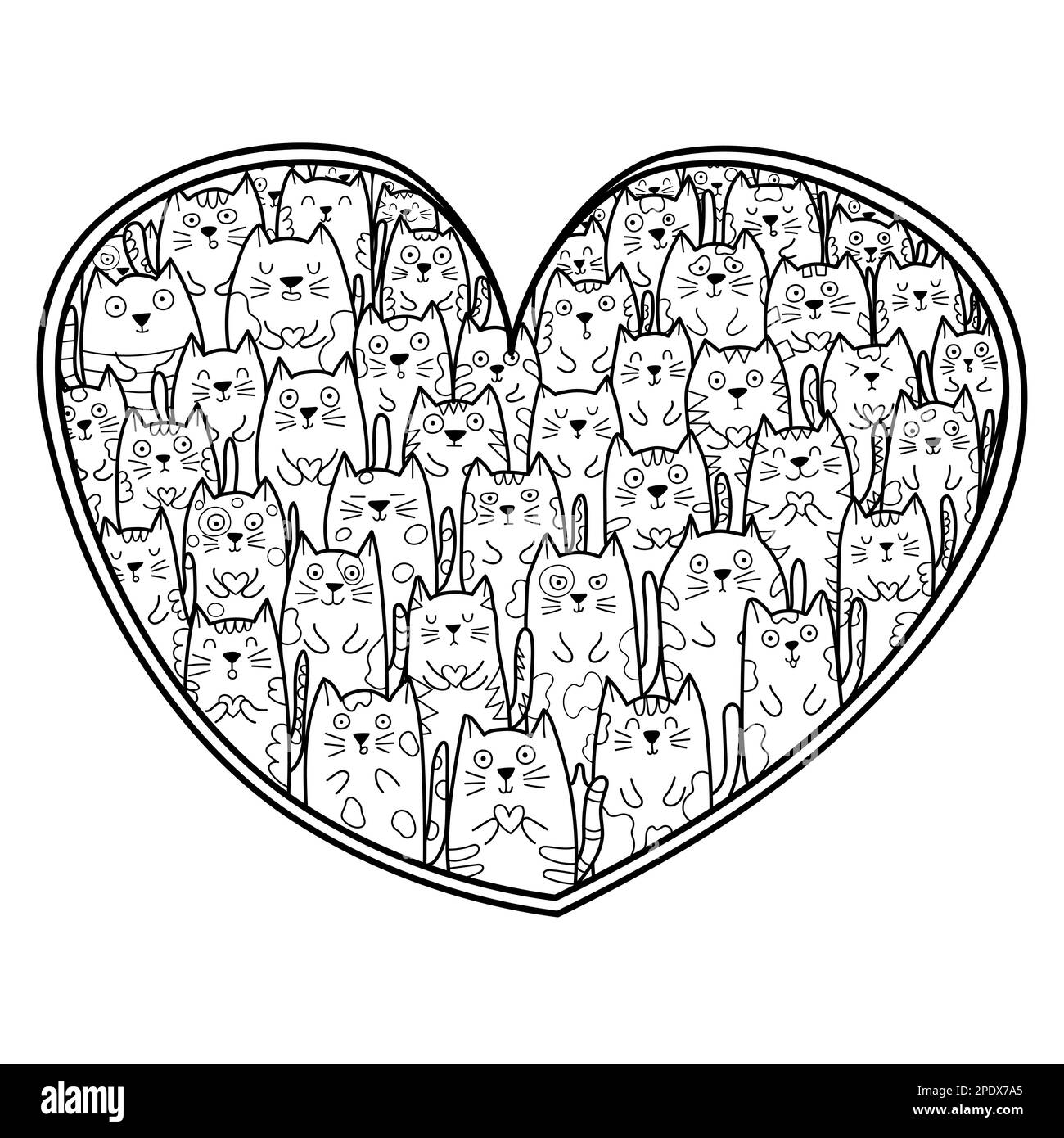 Gatti Doodle in mano disegnata a forma di cuore pagina da colorare. Modello kawaii bianco e nero per libro da colorare antistress Illustrazione Vettoriale