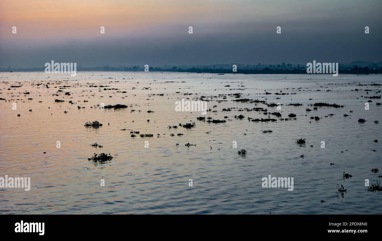 Una vista attraverso il fiume Mekong con i suoi grumi di giacinto galleggiante di acqua a Long Xuyen nel delta del Mekong in Vietnam. Smog da vicino forni di mattone h Foto Stock