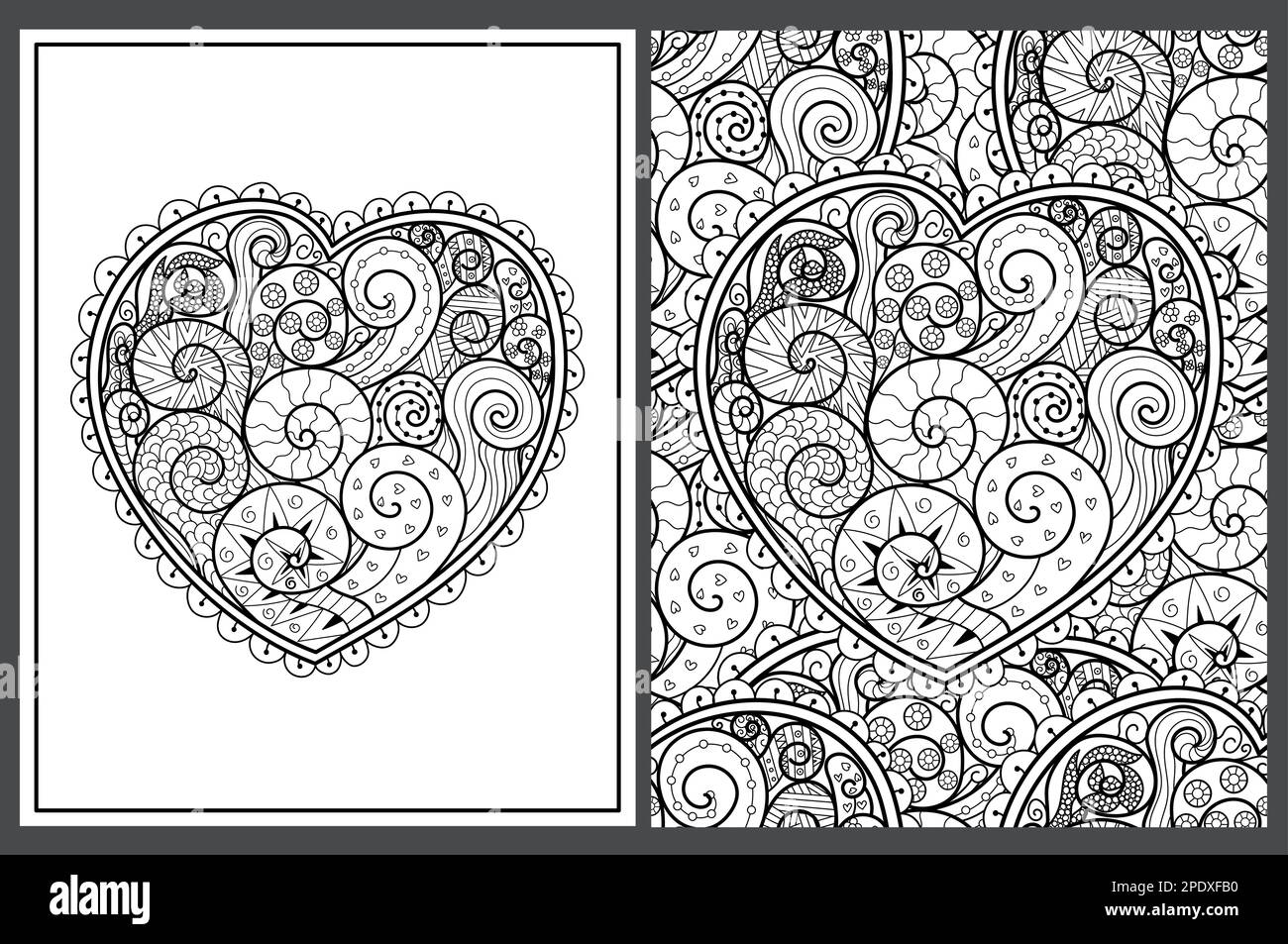 Le pagine disegnate a mano del cuore del doodle colorano sono impostate nel formato della lettera degli Stati Uniti. Motivi in bianco e nero Illustrazione Vettoriale