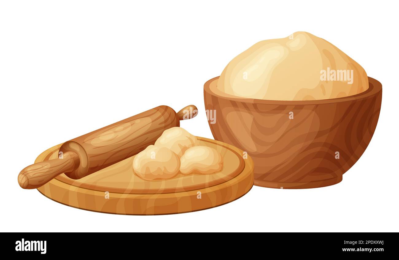 Pasta fresca cruda per panino. Pane gustoso fatto in casa. Cartone animato di legno cucina rolling pin. Illustrazione vettoriale per menu, caffè, ristorante. Illustrazione Vettoriale