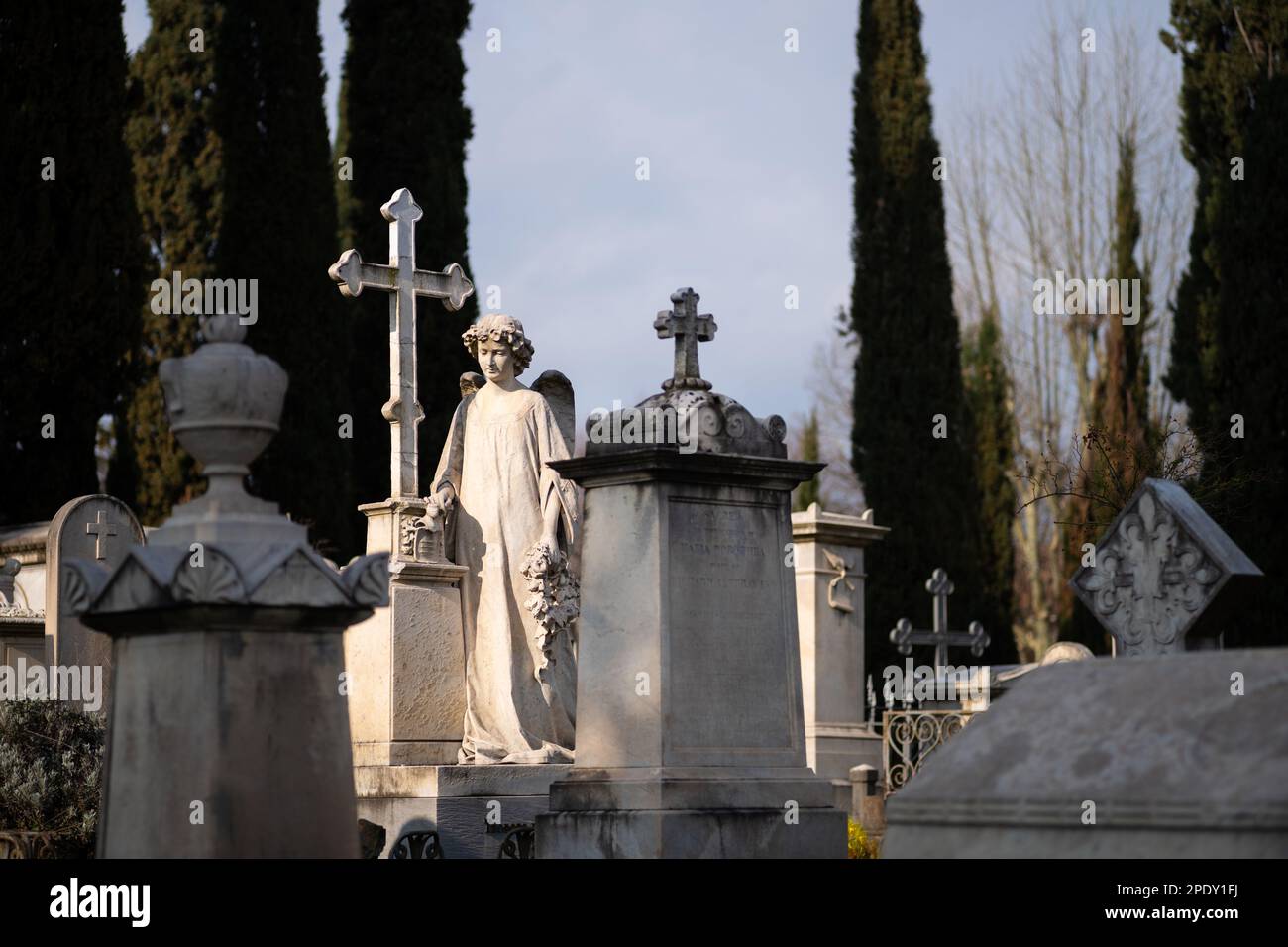 Il cimitero inglese o protestante a Firenze, Italia. Tra le tombe c'è quella del poeta Elizabeth Barrett Browning e Fanny Holman-Hunt Foto Stock