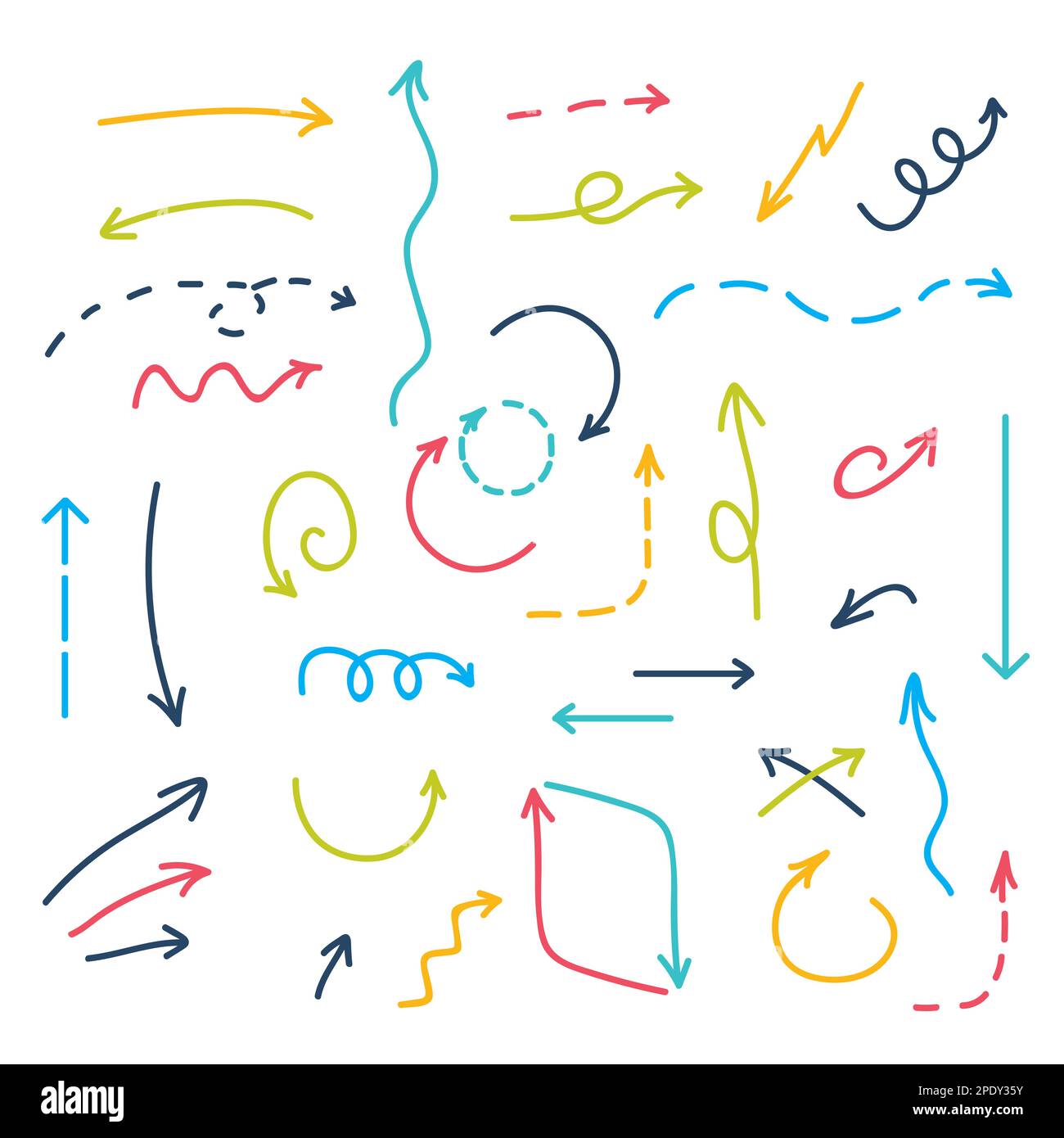 Frecce multicolore disegnate a mano. Disegno di frecce per bambini. Uso per la letteratura per bambini, programmi educativi, indicazioni, sviluppo generale Illustrazione Vettoriale