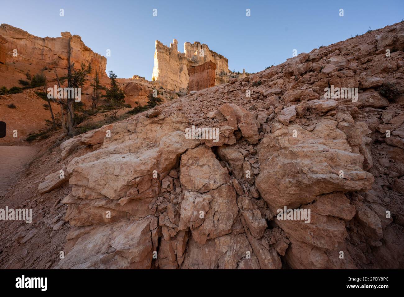 Bryce Point assomiglia alla prua di una nave da battaglia dal basso in mattinata brillante Foto Stock