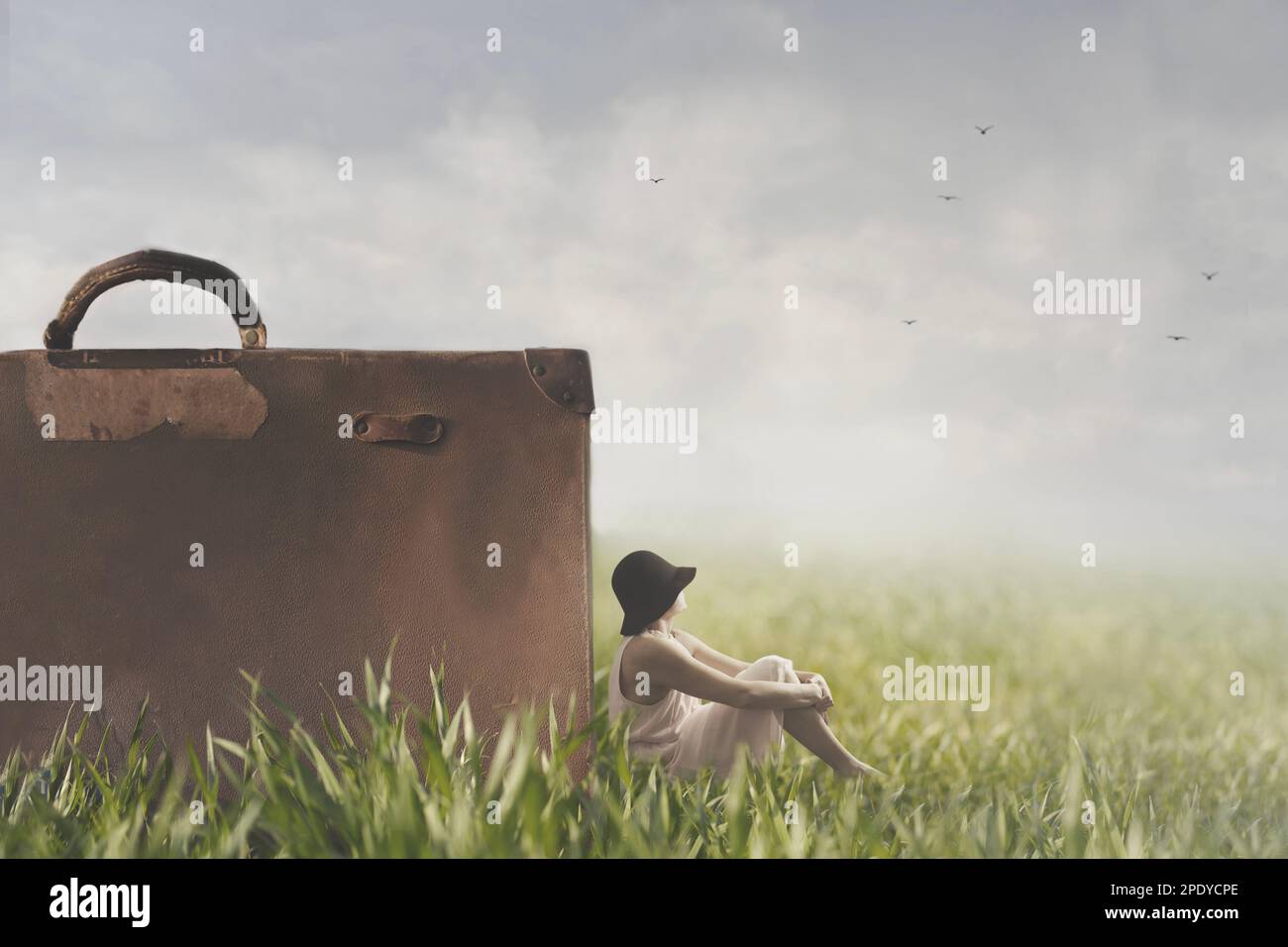 la donna surreale riposa seduta accanto alla sua valigia gigante lei guardando l'orizzonte Foto Stock