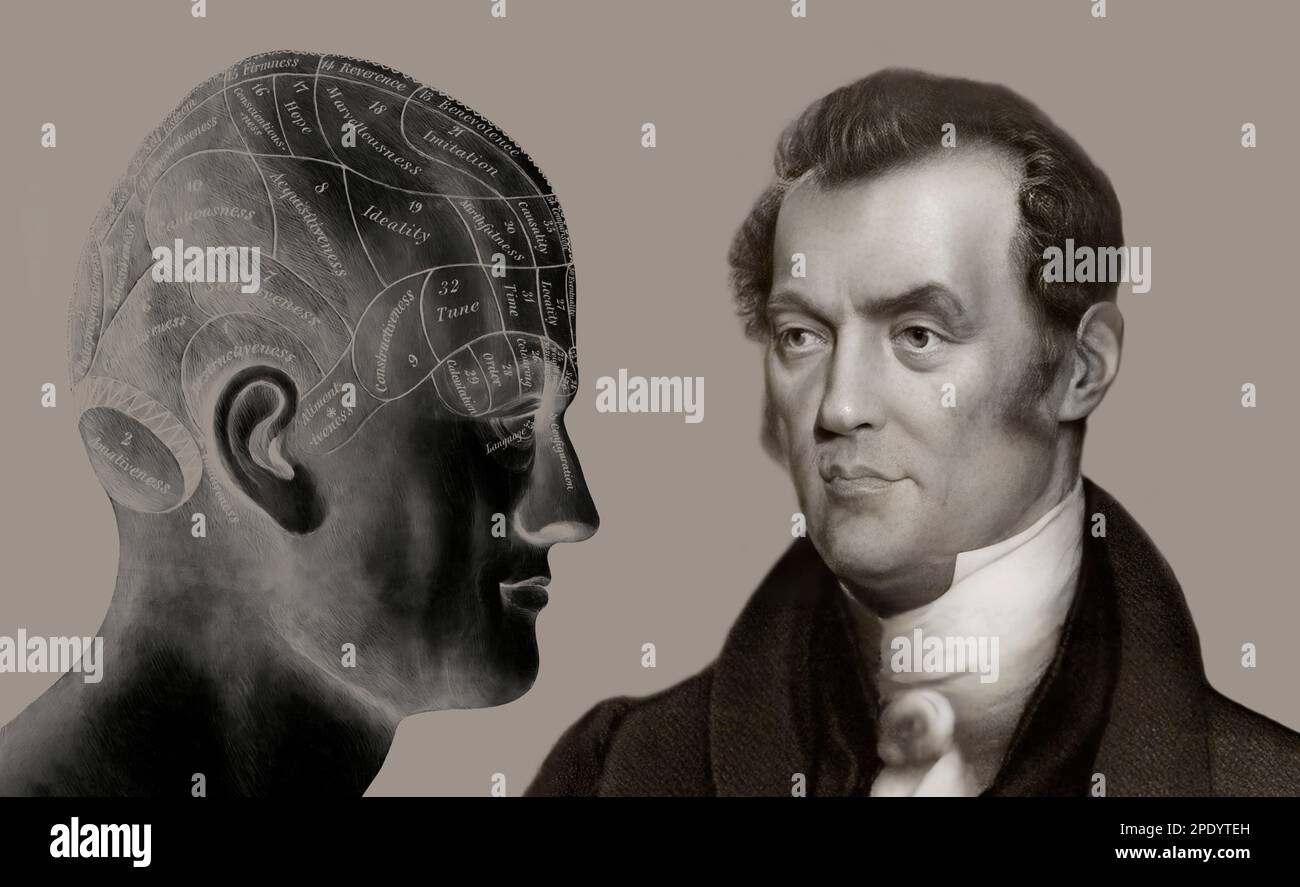 Johann Gaspar Spurzheim, 1776 – 1832, medico e fenologo tedesco con una carta fenologica, testa con facoltà mentali e morali Foto Stock