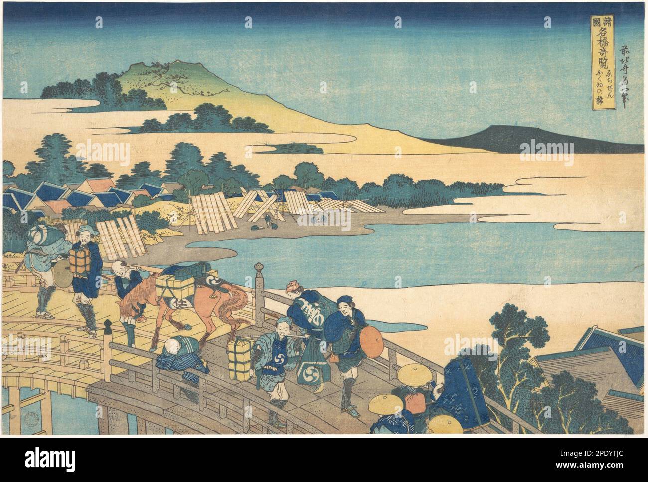Ponte di Fukui nella provincia di Echizen (Echizen Fukui no hashi), dalla serie notevoli vedute dei ponti in varie province (Shokoku meikyō kiran) 1827–30 di Katsushika Hokusai Foto Stock