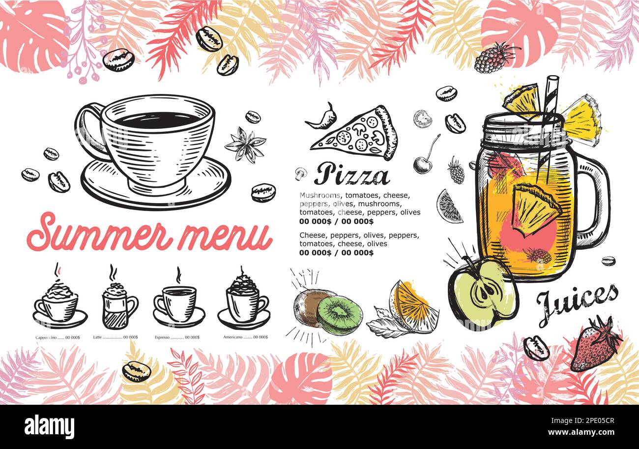 Menu estivo, design modello. Volantino dei prodotti alimentari. Stile disegnato a mano. Illustrazione vettoriale. Illustrazione Vettoriale