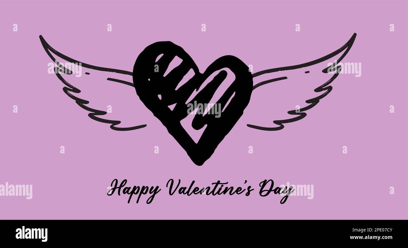 Cuore con ali d'angelo, disegnato a mano. Illustrazione Vettoriale