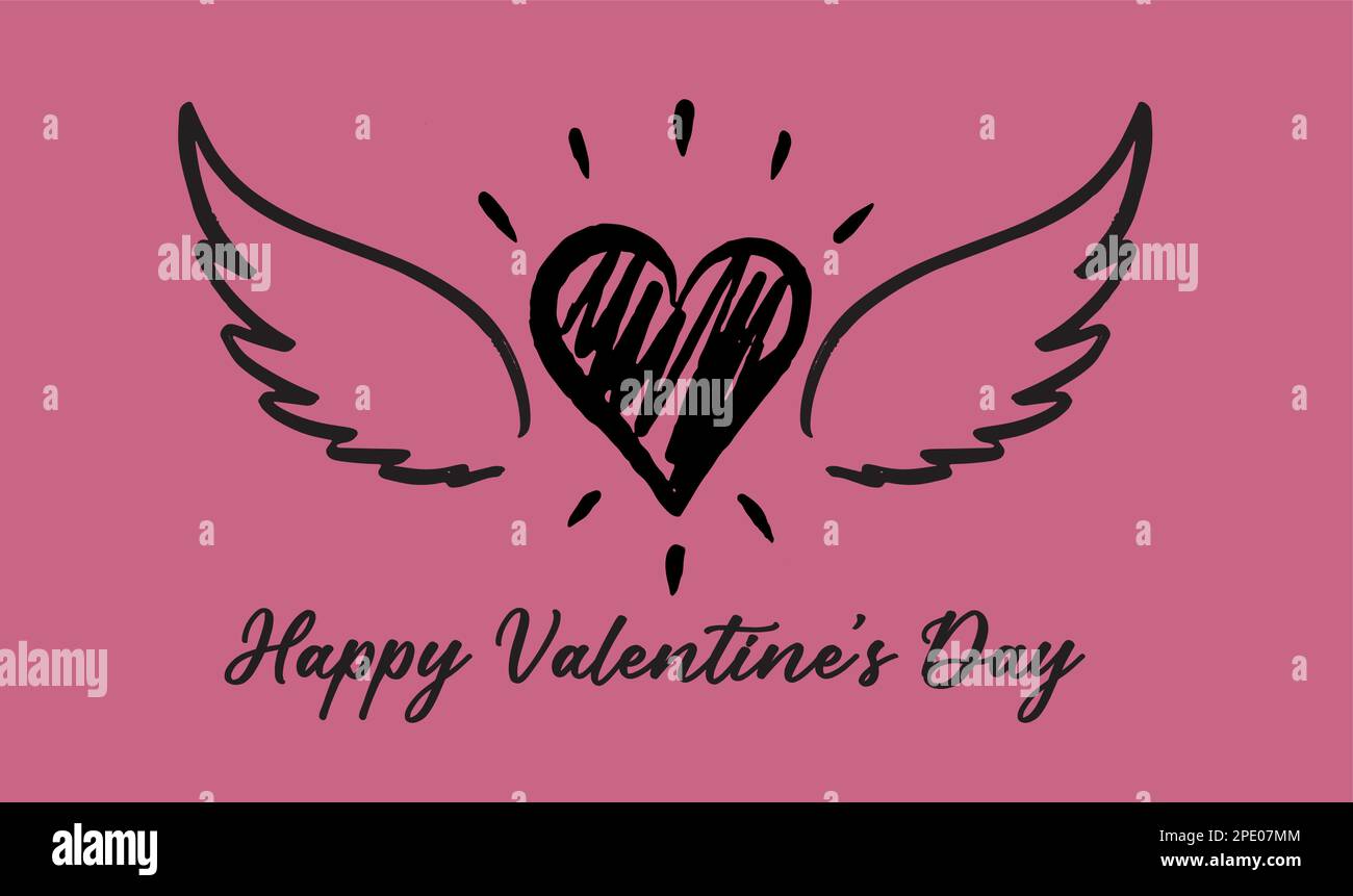 Cuore con ali d'angelo, disegnato a mano. Illustrazione Vettoriale