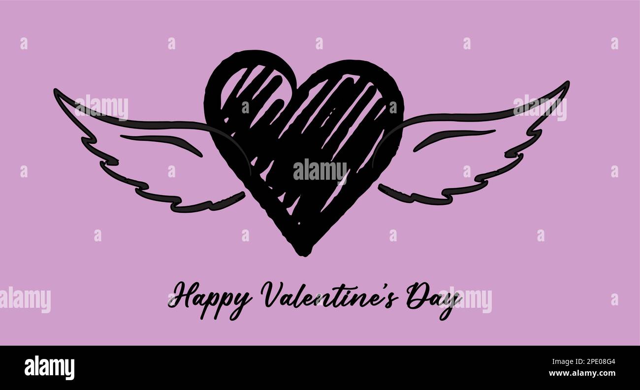 Cuore con ali d'angelo, disegnato a mano. Illustrazione Vettoriale