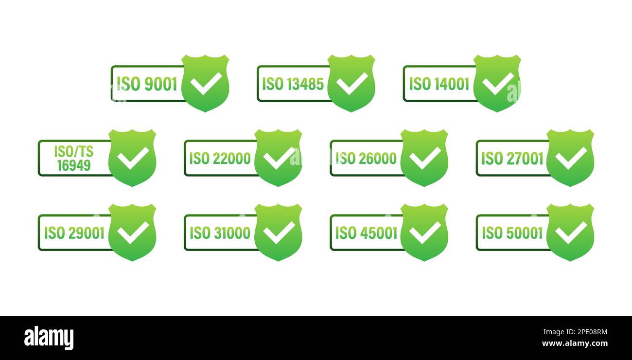 Set di etichette e timbri di certificazione ISO. Badge con certificazione ISO. Gestione della sicurezza delle informazioni Illustrazione Vettoriale