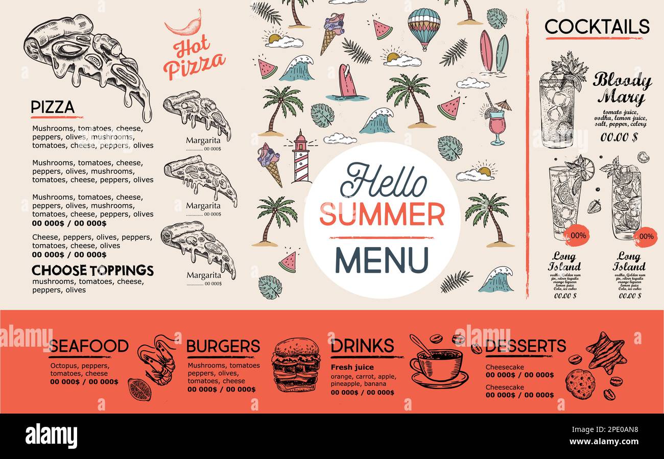 Menu estivo, design modello. Volantino dei prodotti alimentari. Stile disegnato a mano. Illustrazione vettoriale. Illustrazione Vettoriale