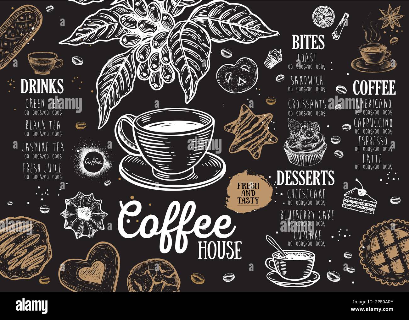 Menu della caffetteria. Menu del cafe' del ristorante, design a modello. Volantino dei prodotti alimentari. Illustrazione Vettoriale