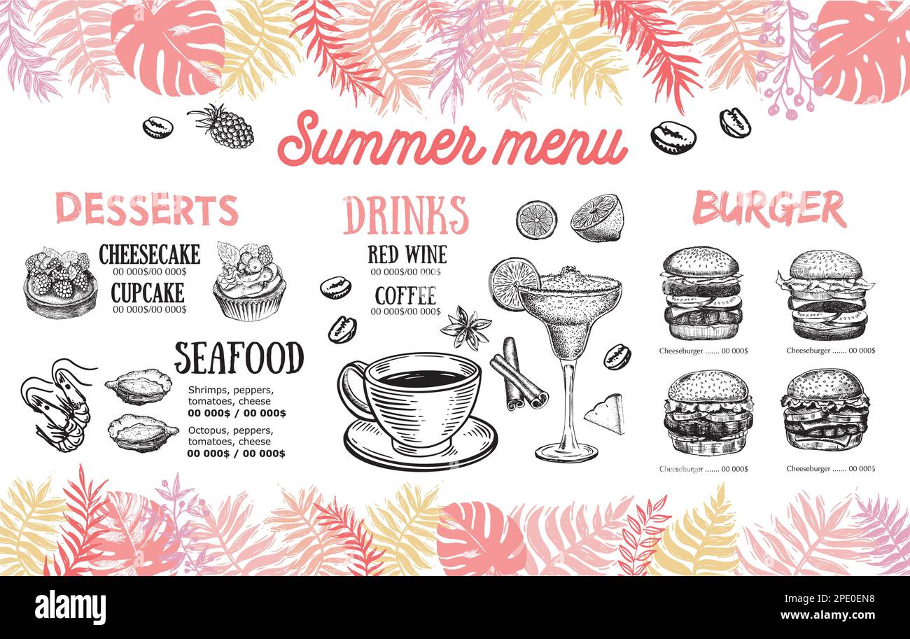 Menu estivo, design modello. Volantino dei prodotti alimentari. Stile disegnato a mano. Illustrazione vettoriale. Illustrazione Vettoriale