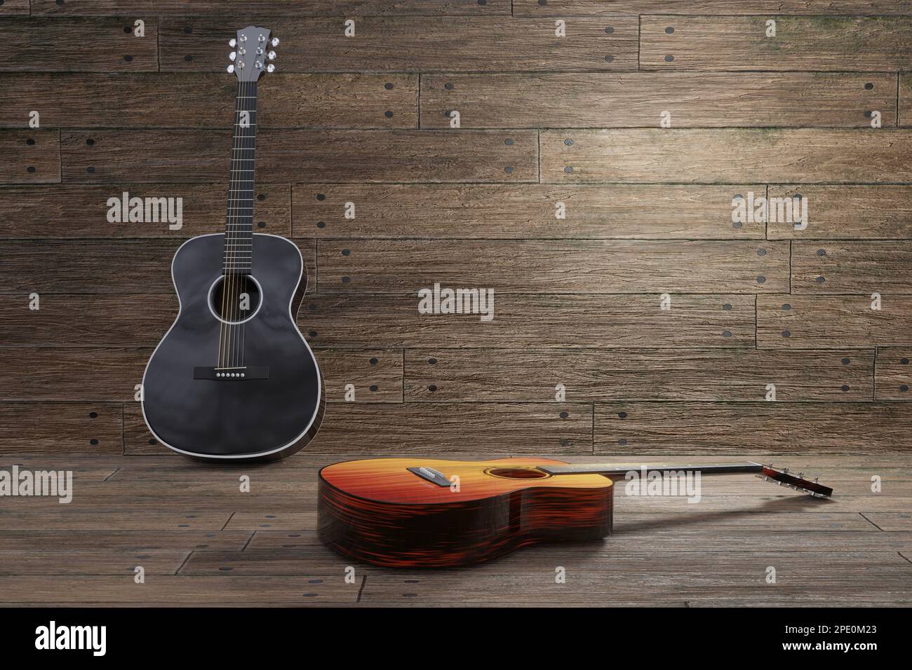 Due chitarra acustica nella vecchia stanza in legno. Illustrazione 3D. Foto Stock