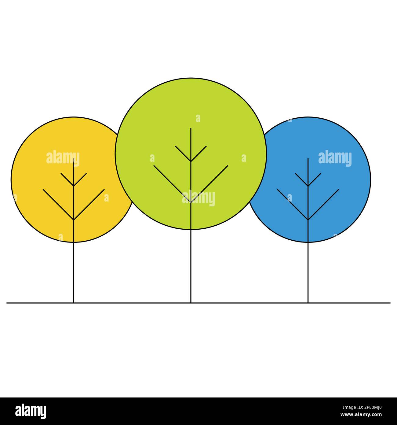 Stile piatto Design semplice, verde, giallo, blu alberi di colore illustrazione minima per natura, ecologia, sostenibilità, vita, logo, icona, web, cellulare. Illustrazione Vettoriale