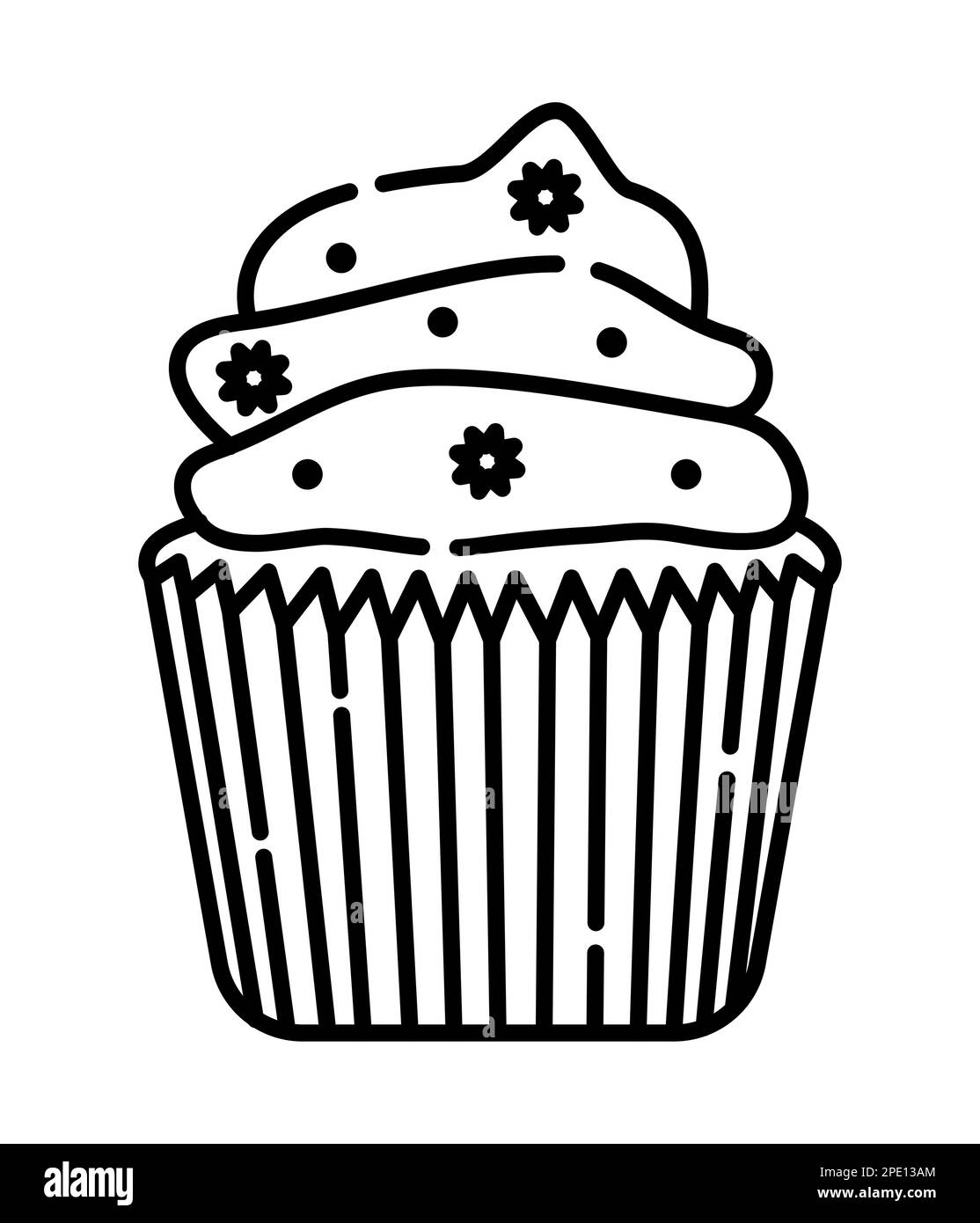 Appetitoso cupcake cremoso, immagine vettoriale in bianco e nero Illustrazione Vettoriale