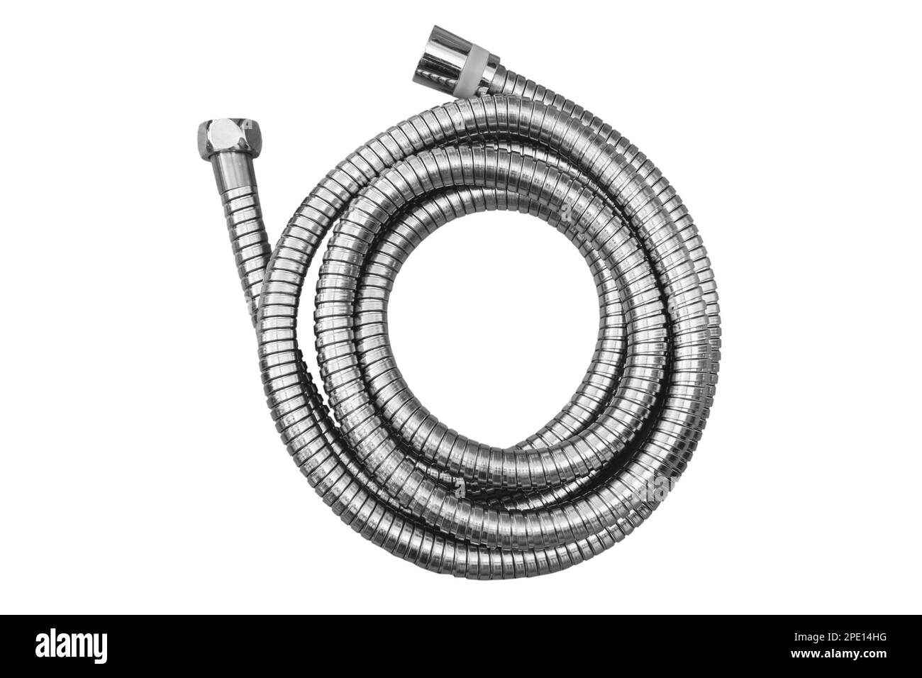 Tubo corrugato inox corrugato per doccia su fondo bianco Foto Stock