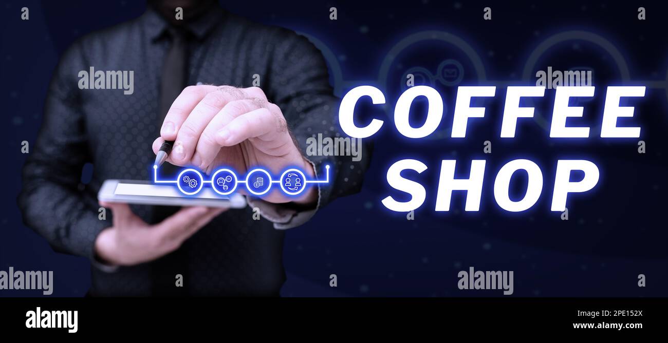 Scrittura visualizzazione testo Coffee Shop. Panoramica aziendale piccolo ristorante informale che serve caffè e spuntini leggeri Foto Stock