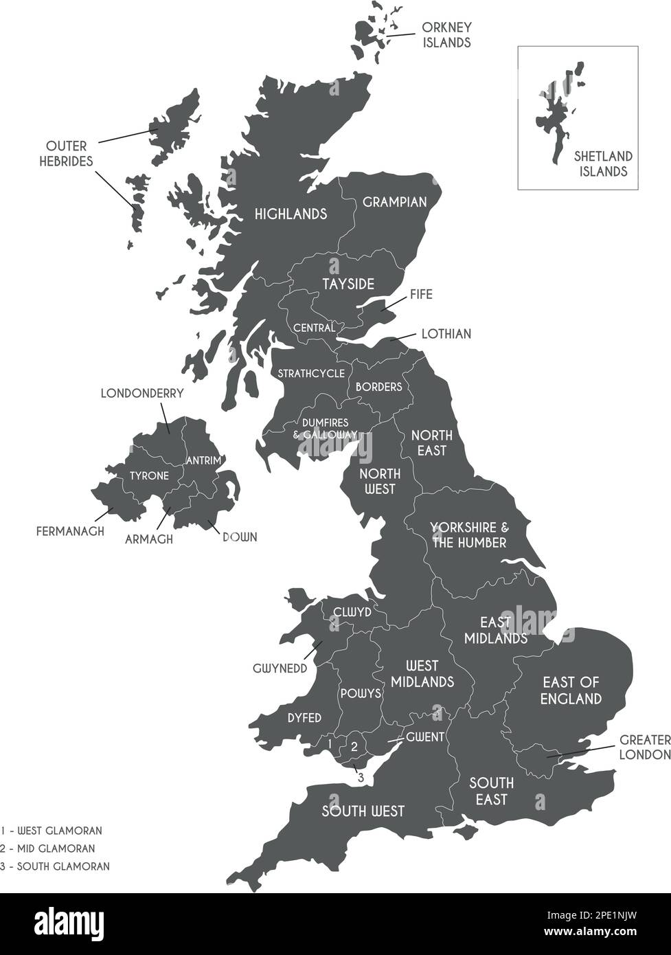 Mappa vettoriale del Regno Unito con divisioni amministrative. Livelli modificabili ed etichettati in modo chiaro. Illustrazione Vettoriale