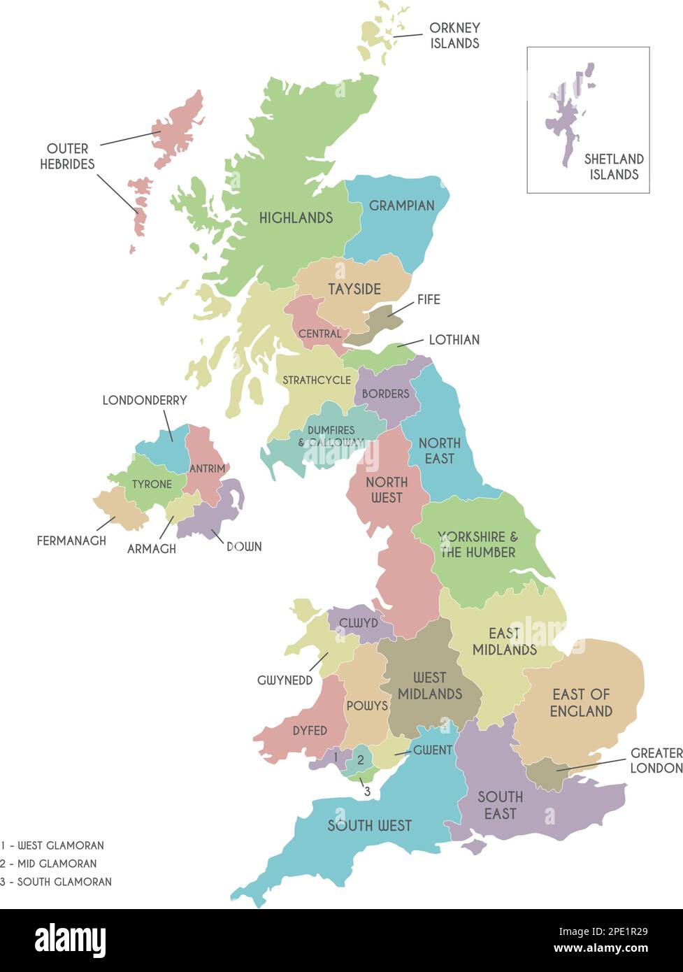 Mappa vettoriale del Regno Unito con divisioni amministrative. Livelli modificabili ed etichettati in modo chiaro. Illustrazione Vettoriale
