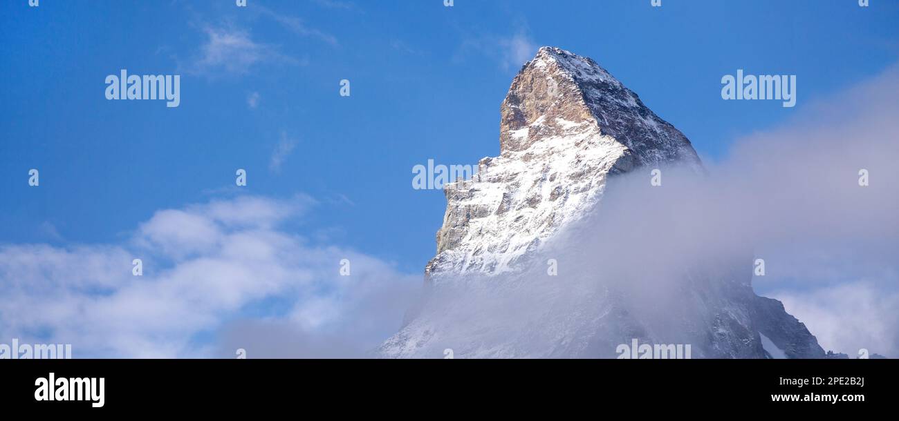 Matterhorn montagna neve primo piano e banner panorama alpino, Svizzera, Alpi svizzere Foto Stock