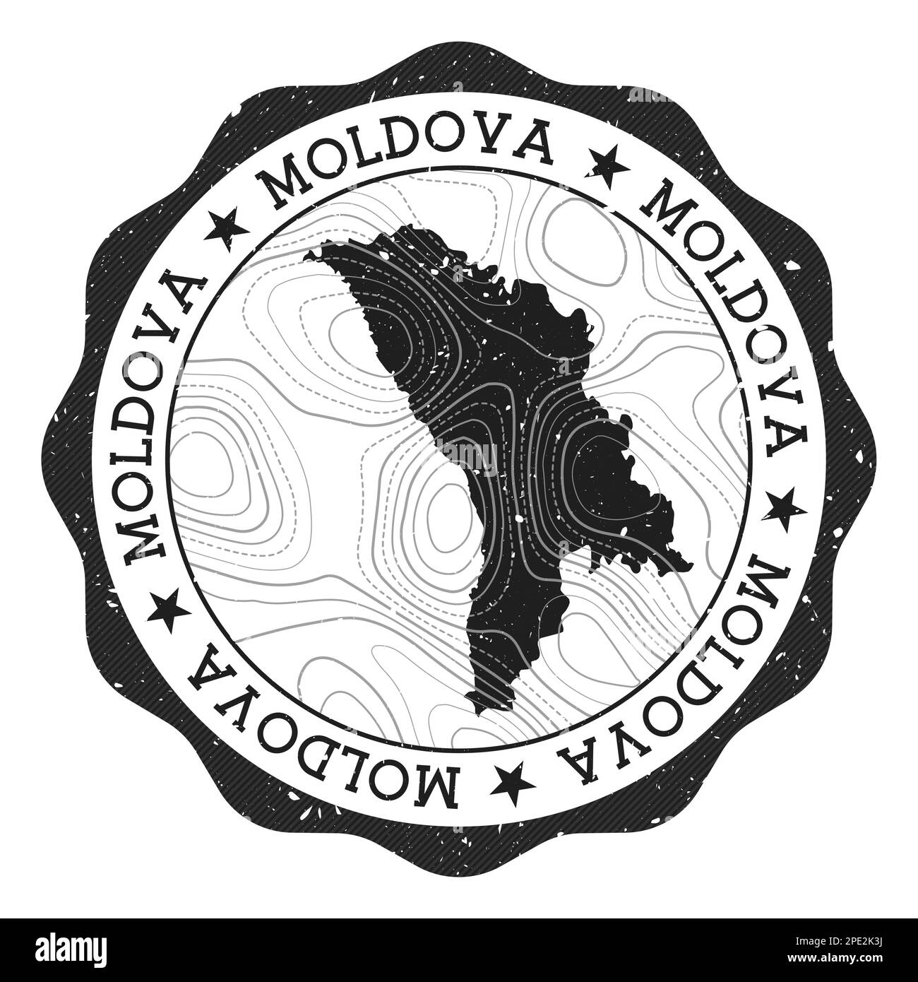 Francobollo per esterni Adesivo rotondo con mappa del paese con isoline topografiche. Illustrazione vettoriale. Illustrazione Vettoriale