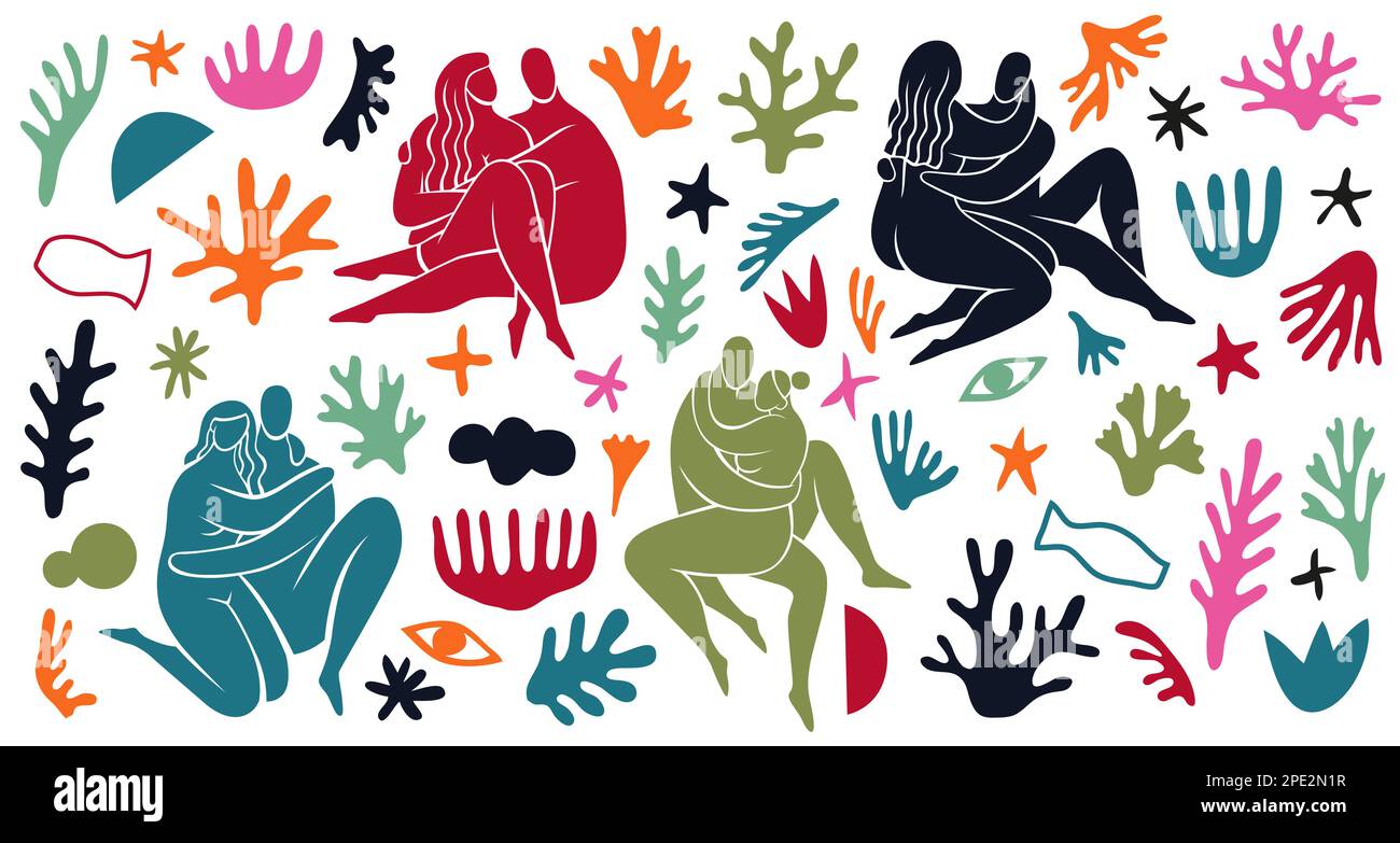 Elementi piante stile Matisse. Coppie abbraccianti in pose intime, persone minimaliste con forme botaniche disegnate a mano, forme primitive lisce Illustrazione Vettoriale