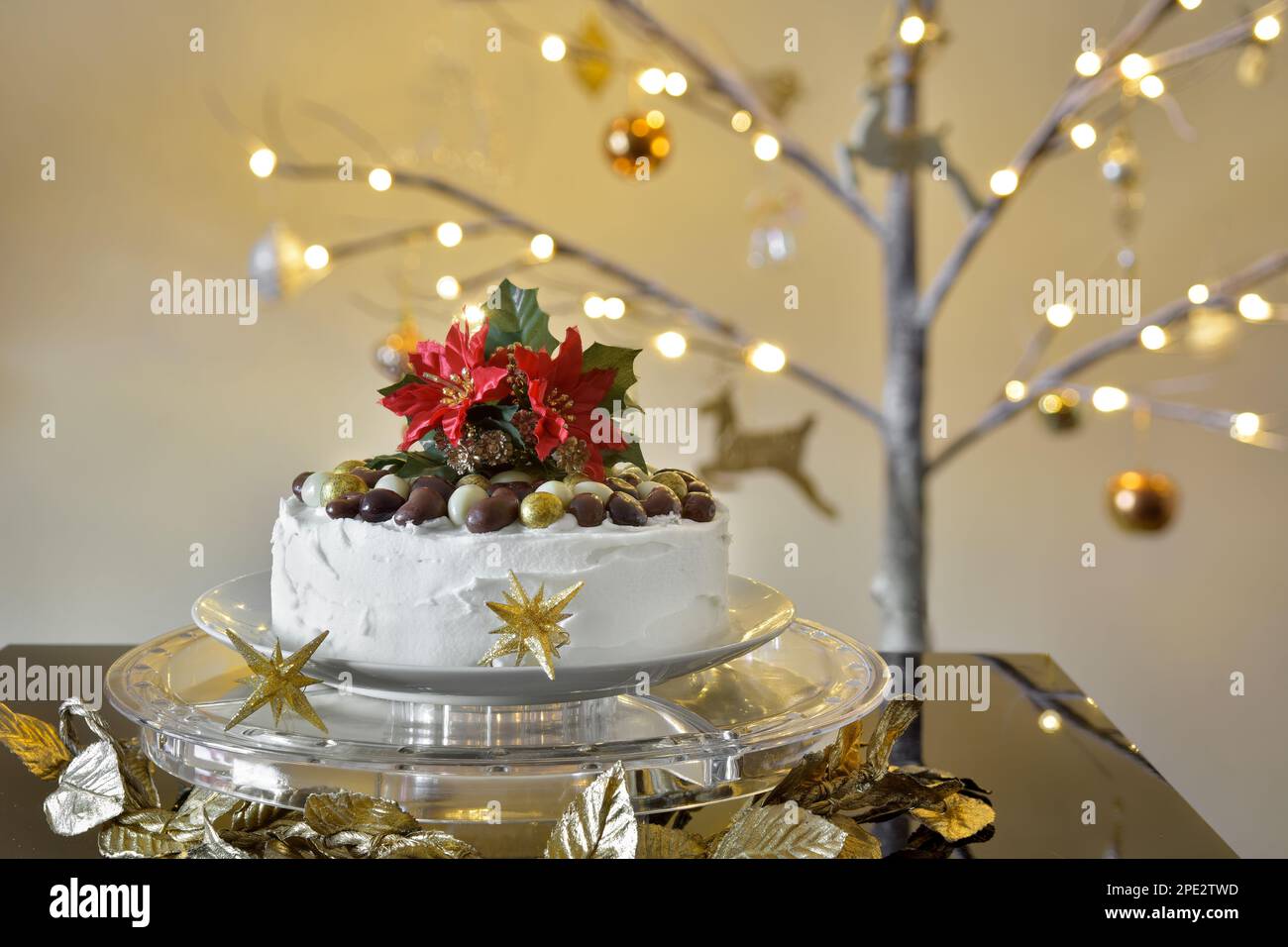 Torta di Natale ghiacciata con noci di cioccolato sulla parte superiore su un supporto per torta trasparente con un albero di Natale acceso ramoscello sullo sfondo Foto Stock