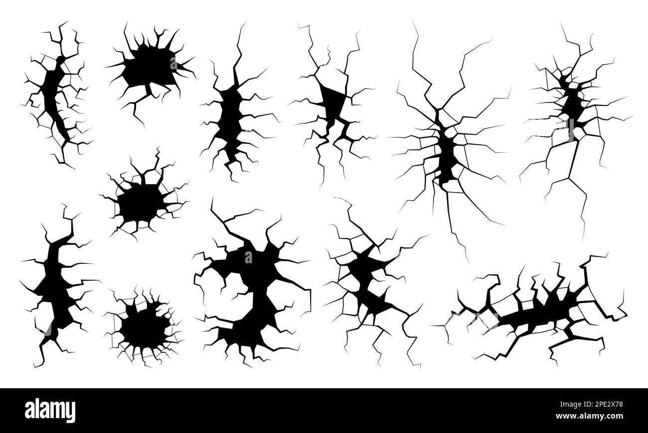 Incrinature da terremoto. Frammenti spaccati macinati. Simboli di vibrazioni sismiche al suolo e distruzione del calcestruzzo danneggiato. Terra crack crack nero fessura set di fori. Terra distrutta o muro con le fessure. EPS Illustrazione Vettoriale