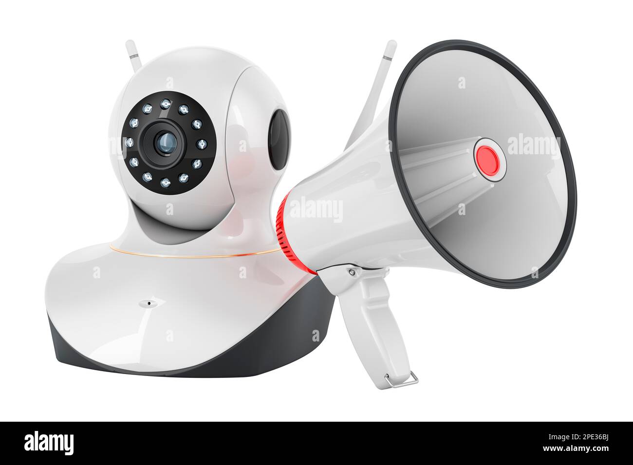 Megafono con telecamera Internet Protocol, rendering 3D isolato su sfondo bianco Foto Stock