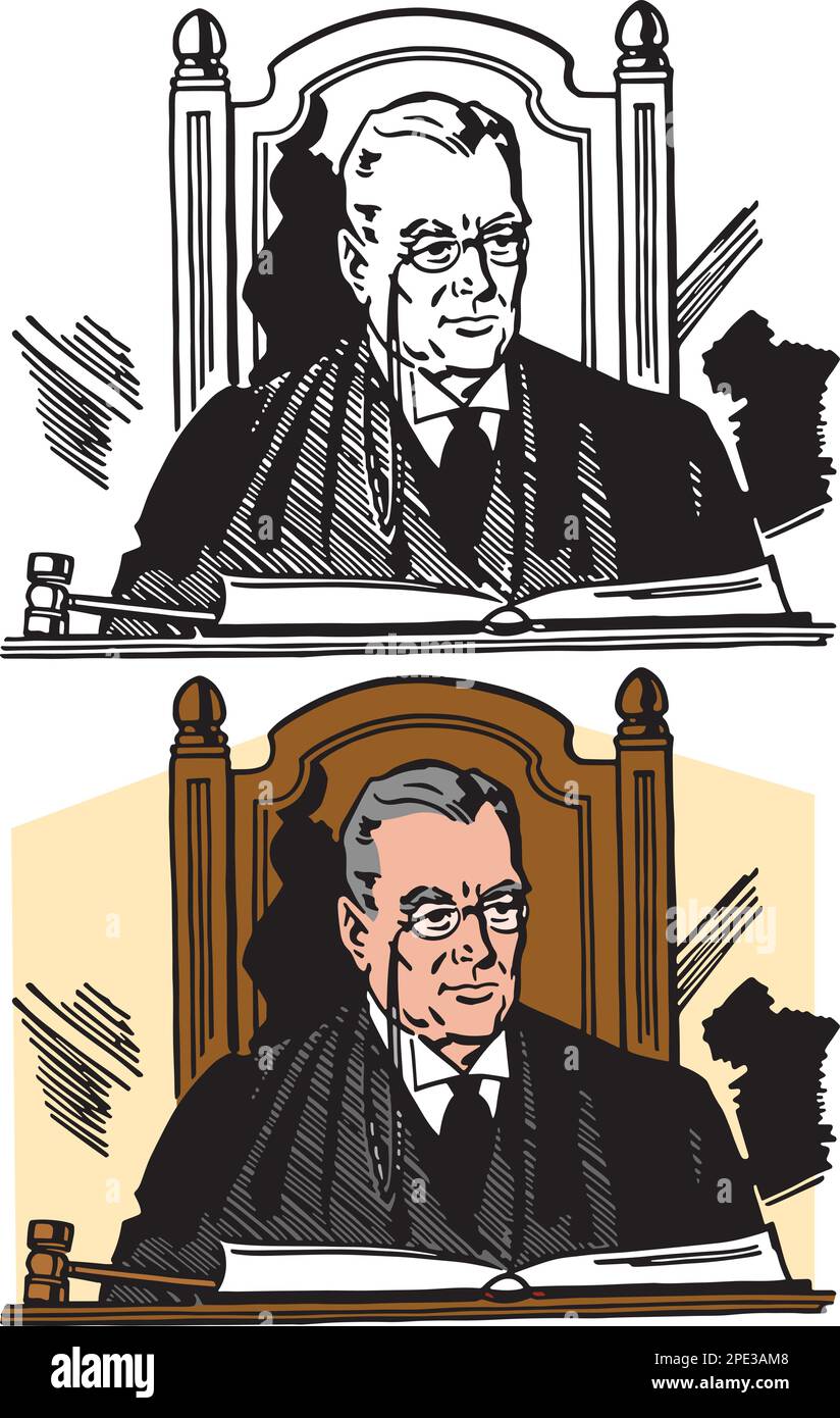 Un'illustrazione retrò vintage di un giudice seduto su una panchina con il suo gavel Illustrazione Vettoriale