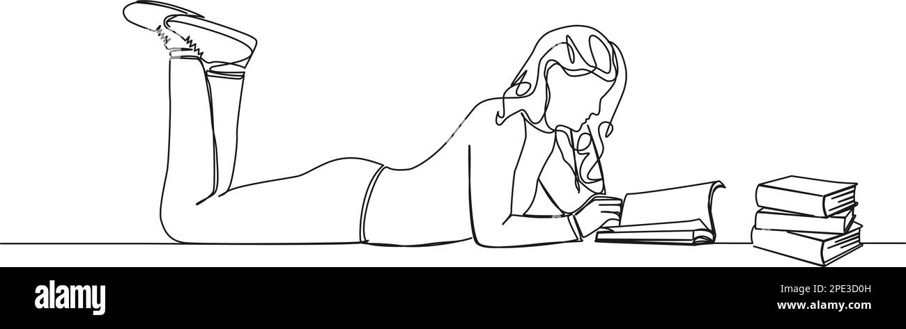 disegno a linea singola continuo della donna sul pavimento in posizione prona che legge un libro, illustrazione del vettore di arte di linea Illustrazione Vettoriale