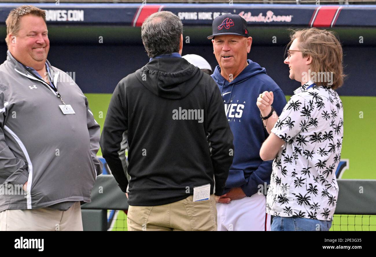 North Port, Stati Uniti. 15th Mar, 2023. Il manager di Atlanta Braves Brian Snitker parla con i giornalisti prima di una partita di baseball di allenamento primaverile con gli Houston Astros al CoolToday Park a North Port, Florida, mercoledì 15 marzo 2023. Foto di Steve Nesius/UPI Credit: UPI/Alamy Live News Foto Stock