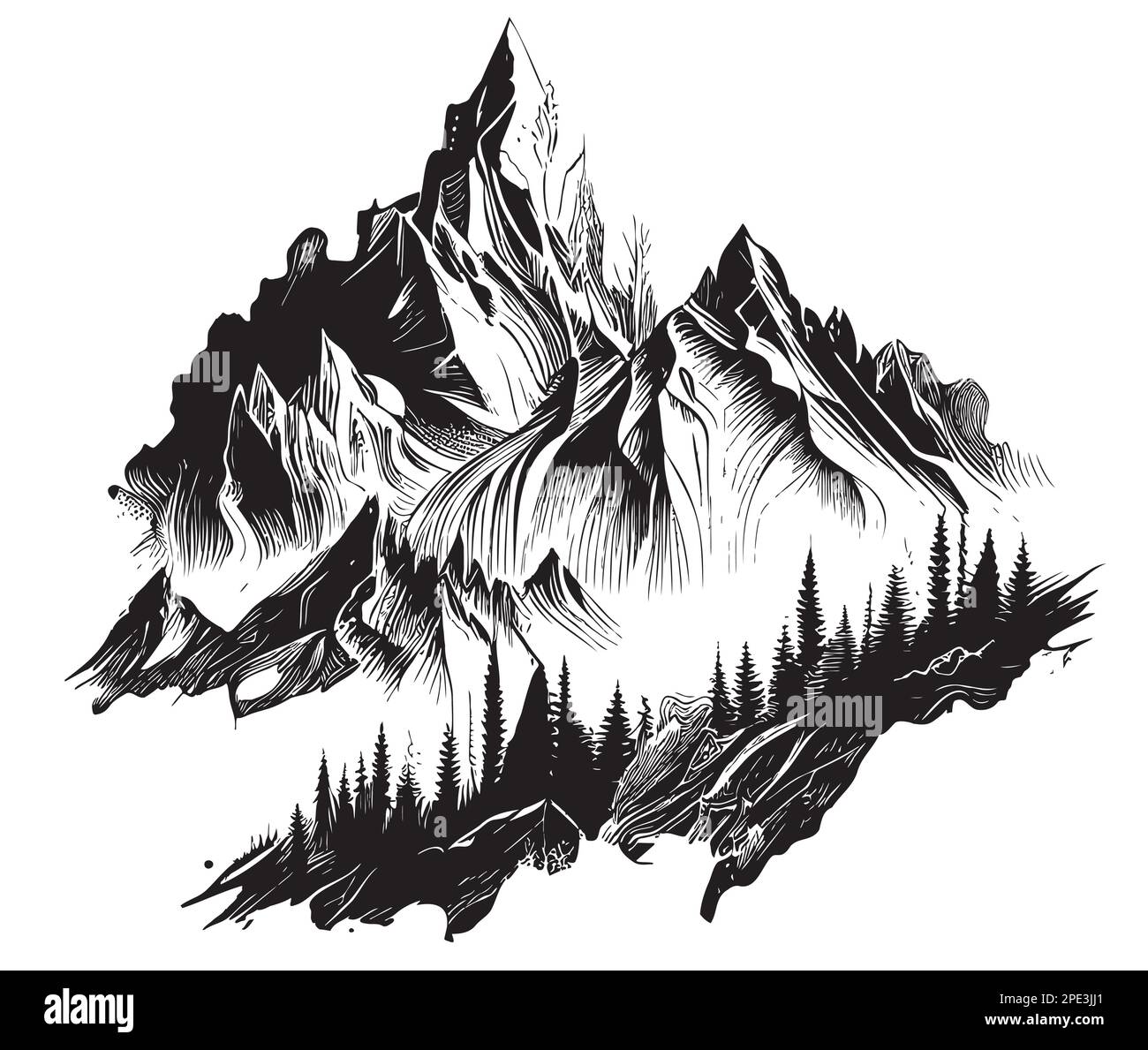 Montagne e foreste disegnate a mano schizzo vettore illustrazione natura Illustrazione Vettoriale