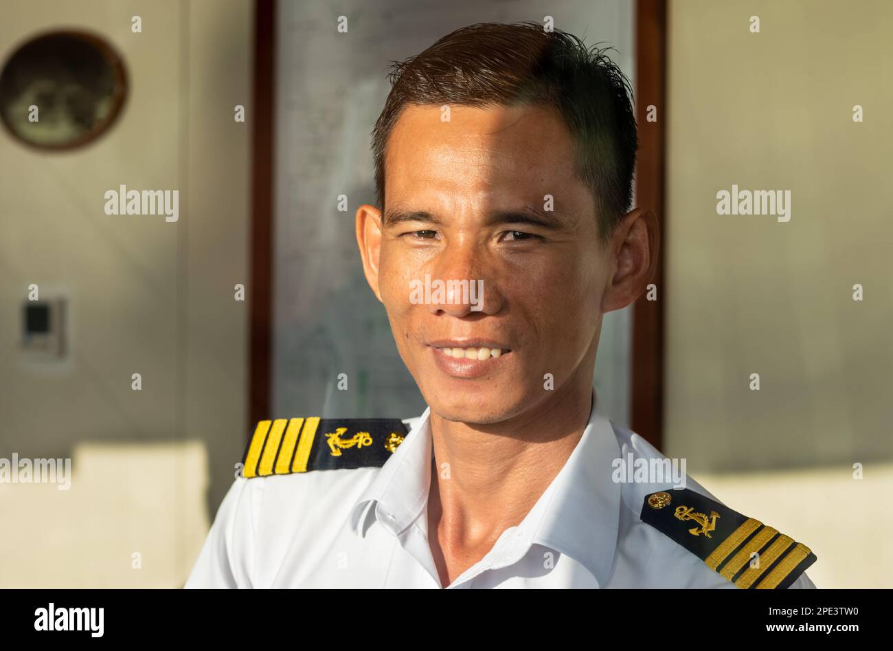 Sig. Cong, capitano della nave da crociera sul fiume Mekong, Victoria Mekong. Foto Stock