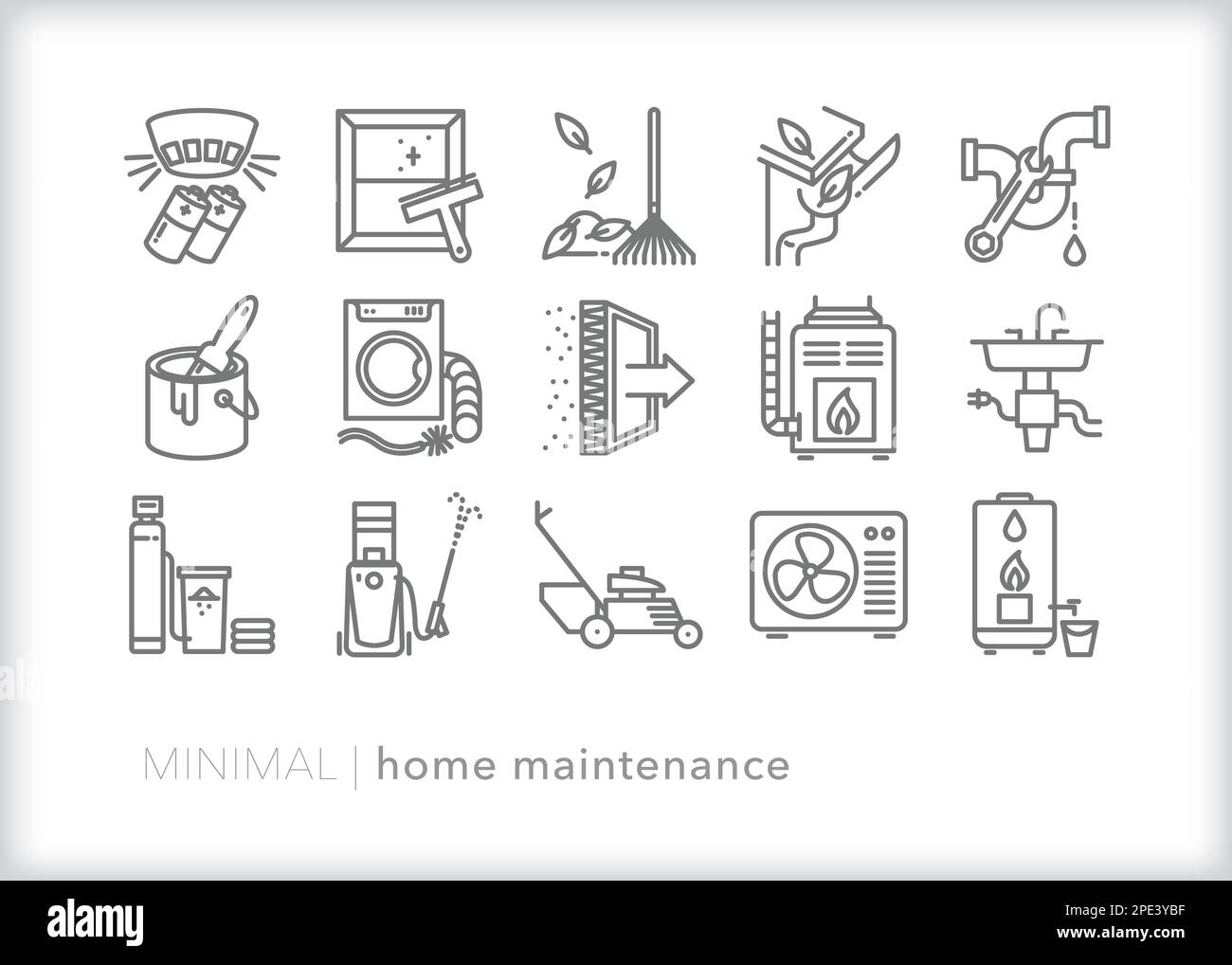 Set di icone della linea di manutenzione domestica di faccende, compiti e stagionali per fare gli articoli per mantenere una casa mantenuta Illustrazione Vettoriale