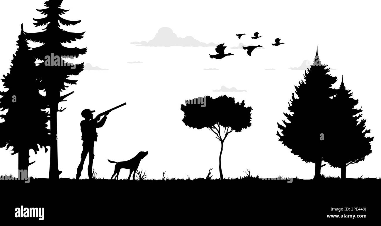 Silhouette da caccia, cacciatore con fucile, anatre e cane da caccia, sfondo vettoriale. Stagione di caccia per anatre Fowl, silhouette di uomo cacciatore con Illustrazione Vettoriale