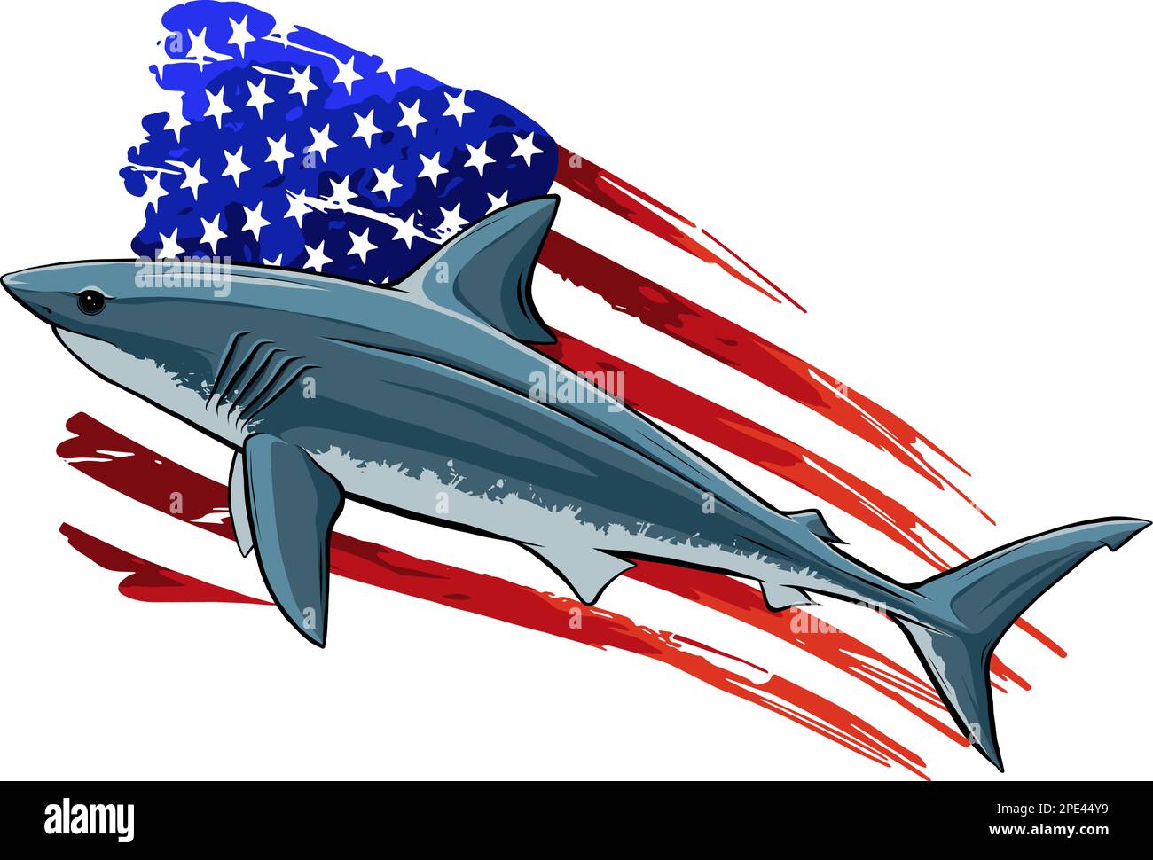 Bandiera USA su silhouette vettoriale Shark isolata su bianco. Illustrazione Vettoriale