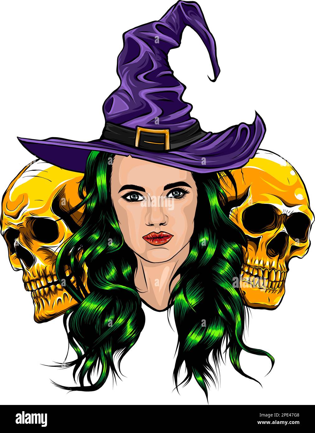 Strega morta con due teschi di zucchero. vettore Illustrazione Vettoriale