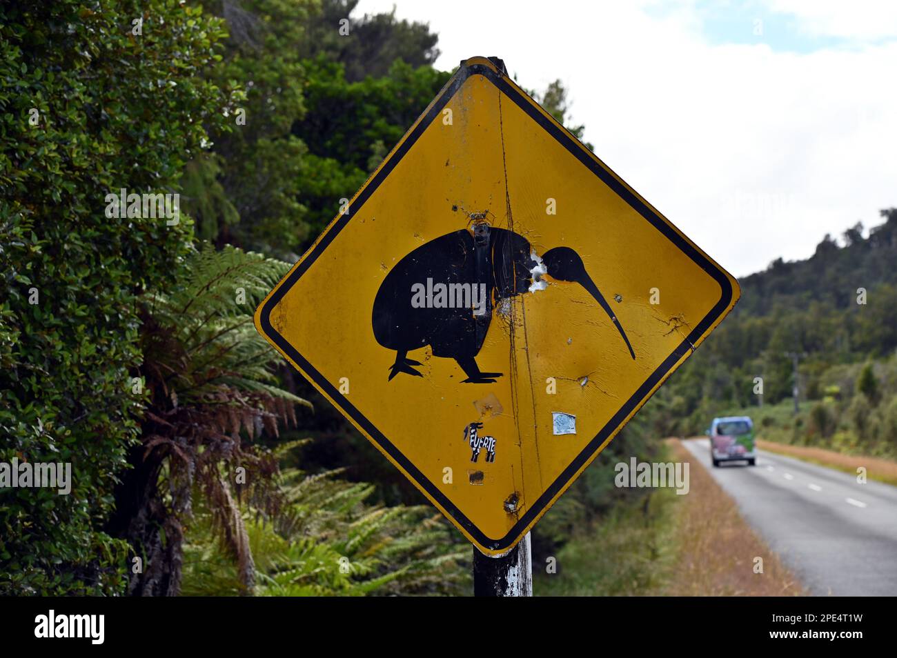 Segnali stradali progettati per sensibilizzare il conducente sul fatto che nella zona si potrebbe incontrare Kiwis. Le indicazioni sono vicino all'insediamento della West Coast di Okarito Foto Stock