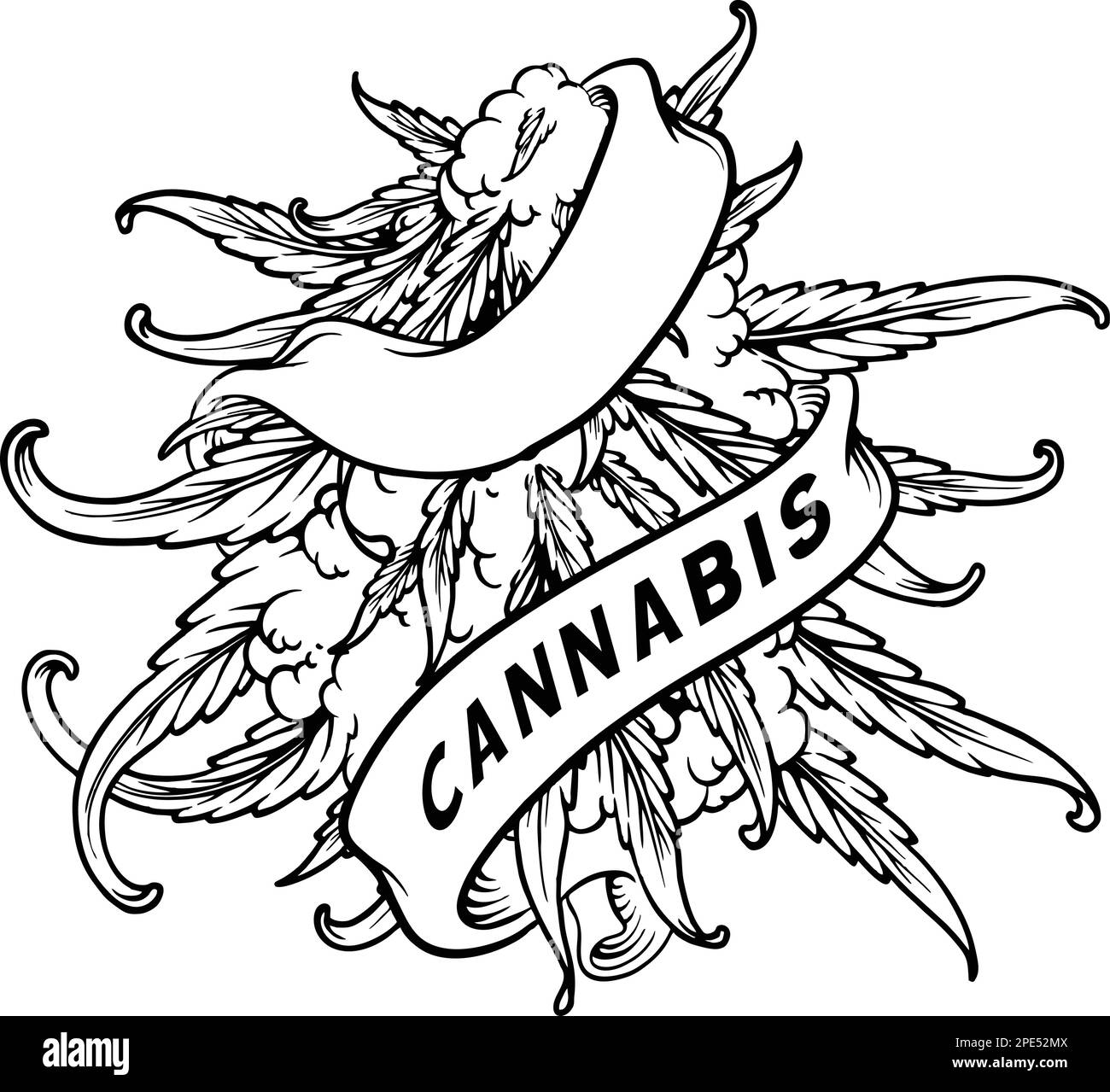 Cannabis canapa foglia pianta rotolo nastro ornamento monocromatico vettoriale illustrazioni per il tuo logo di lavoro, t-shirt merchandise, adesivi e disegni di etichette, p Illustrazione Vettoriale