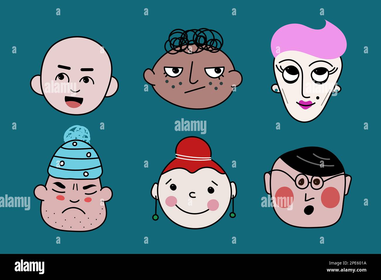 set di diversi caratteri, vettore carino avatar. doodle personaggi cartoni animati di uomini e donne Illustrazione Vettoriale