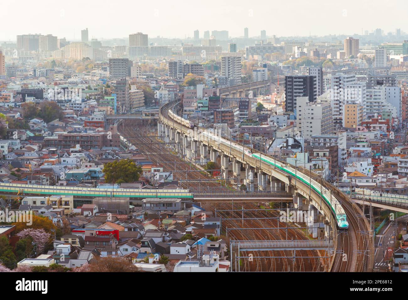 Uno Shinkansen, il famoso bullet train giapponese, passa attraverso l'area urbana di Tokyo Foto Stock