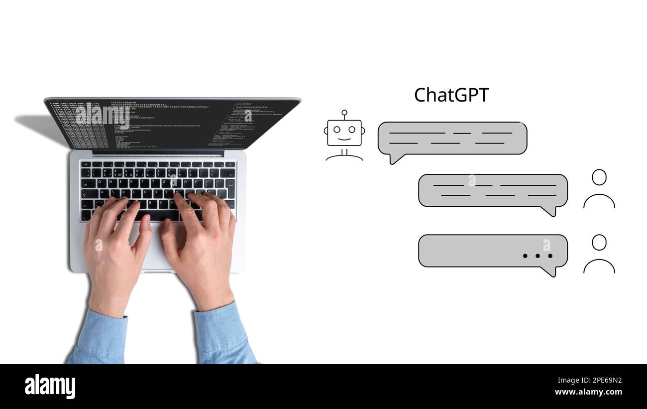 Concetto di comunicazione di Chatgpt. Rete neurale e intelligenza artificiale. Persona che lavora su un computer portatile Foto Stock