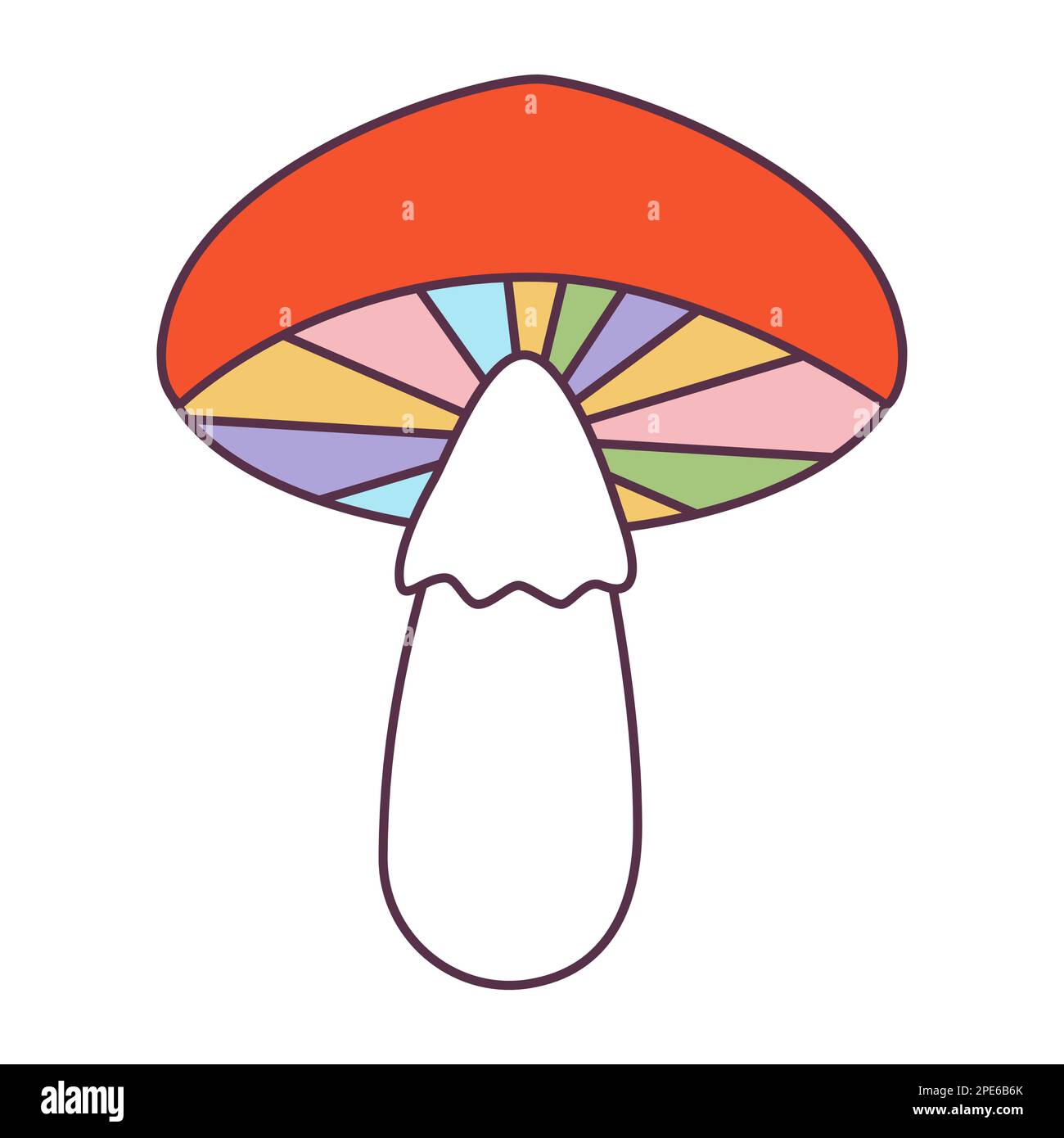 Retro 70s Groovy Hippie sticker stilizza funghi hippie. Elemento cartoon psichedelico -funky illustrazione fungo in stile hippy vintage. Piatto vettoriale Illustrazione Vettoriale